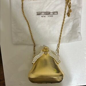 Gold Clutch with Crystal Embellishment and Chain Strap